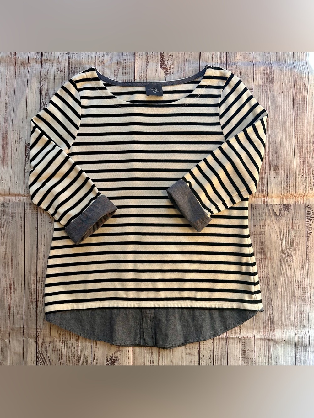 Market & Spruce Black and Cream Striped Boatneck Top with Chambray Trim